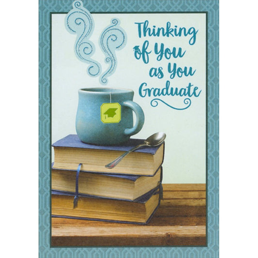 Blue Coffee Cup on 3 Stacked Books Thinking of You Graduation Congratulations Card