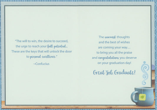 Blue Coffee Cup on 3 Stacked Books Thinking of You Graduation Congratulations Card