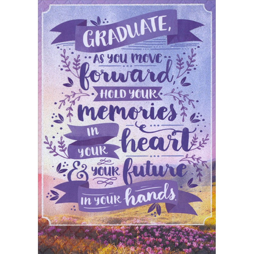 Hold Your Memories in Your Heart : Purple Banner Feminine Graduation Congratulations Card for Young Woman