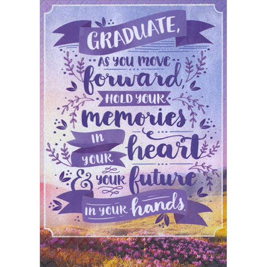 Hold Your Memories in Your Heart : Purple Banner Feminine Graduation Congratulations Card for Young Woman