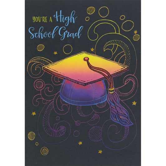 Neon Colored Grad Cap on Black High School Graduation Congratulations Card