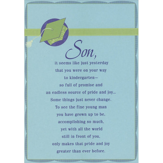 Green Grad Cap on Blue Circle Graduation Congratulations Card for Son