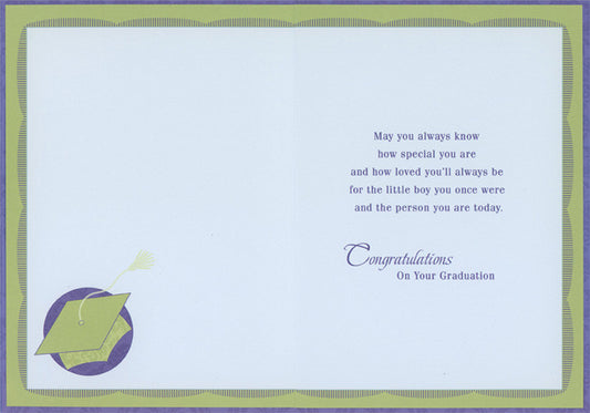 Green Grad Cap on Blue Circle Graduation Congratulations Card for Son
