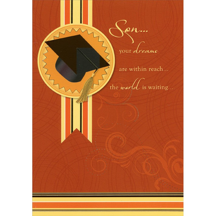 Grad Cap on Orange Seal : Dreams Within Reach Graduation Congratulations Card for Son