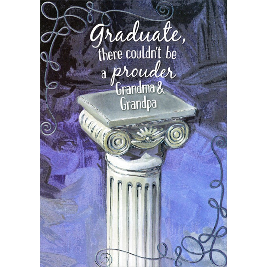 White Watercolor Column on Blue Graduation Congratulations Card from Grandma and Grandpa