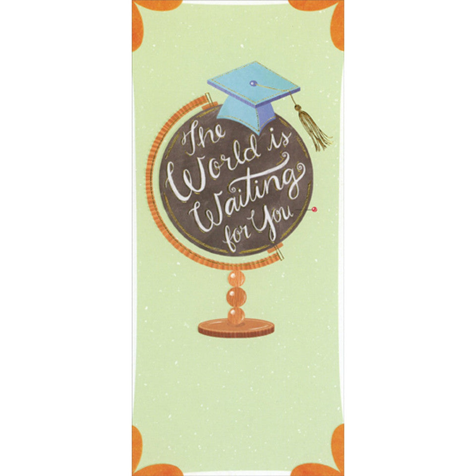 Blue Grad Cap on Top of Dark Globe Money Holder / Gift Card Holder Graduation