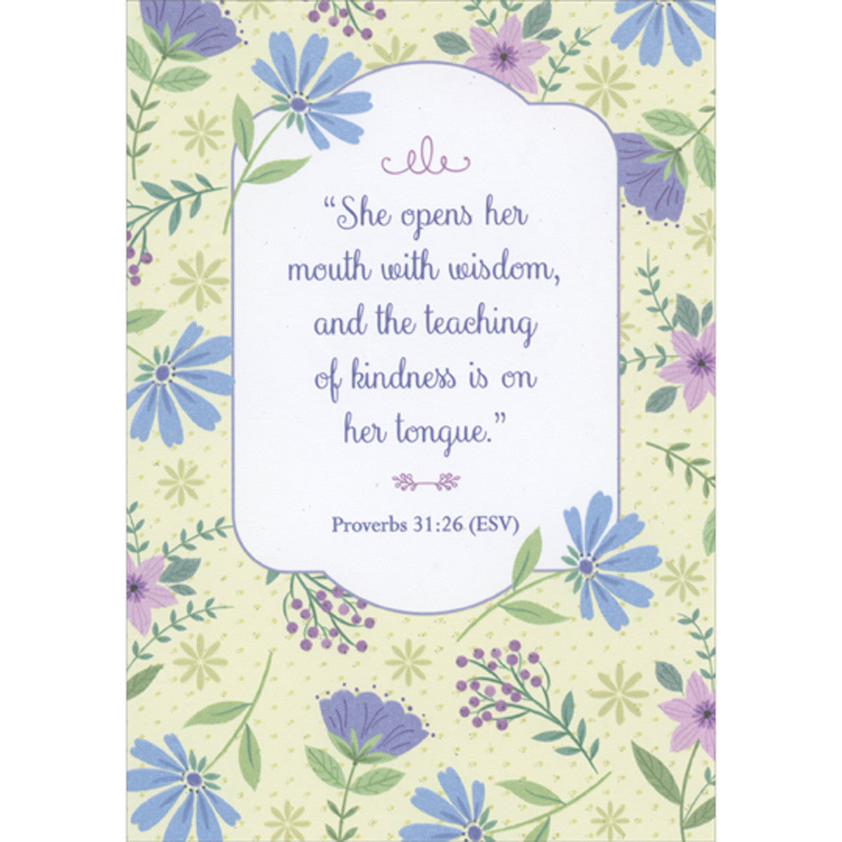 She Opens Her Mouth with Wisdom Scripture Verse: Repeated Blue and Purple Flowers Religious Mother's Day Card
