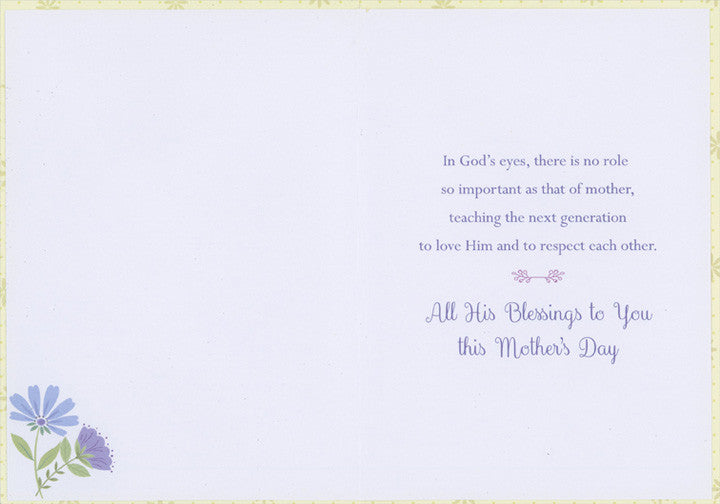 She Opens Her Mouth with Wisdom Scripture Verse: Repeated Blue and Purple Flowers Religious Mother's Day Card