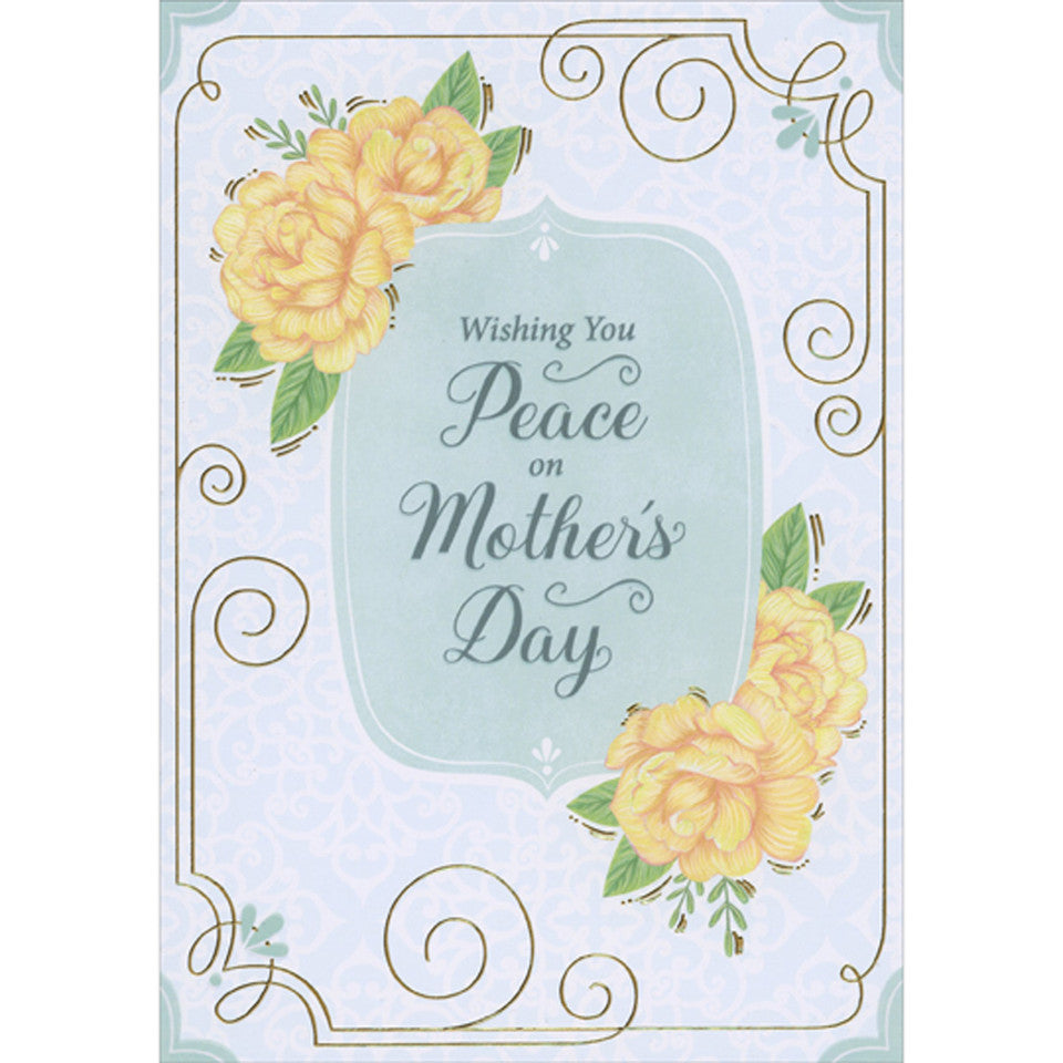 Wishing You Peace Yellow Flowers, Blue Banner and Thin Lined Gold Foil Border Mother's Day Sympathy Card