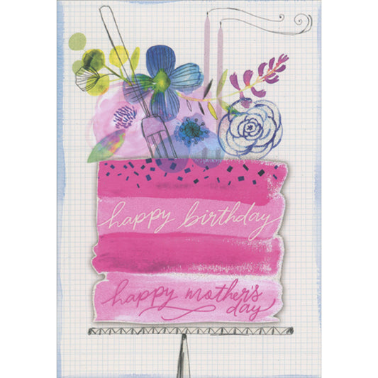 Slice of Happy Birthday Cake with Pink Frosting on Light Blue Grid Mother's Day Birthday Card