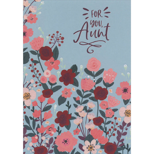 For You Aunt: Pink, Red and Sparkling Flowers on Light Blue Background Religious Mother's Day Card
