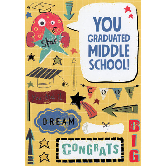 Pennant Banner, Diploma and Stars on Yellow Graduation Congratulations Card