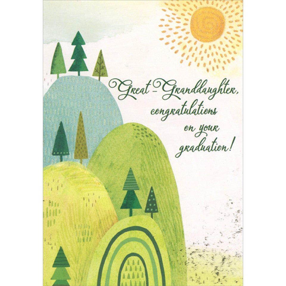 Orange Glitter Sun Over Rounded Blue and Green Hills Graduation Congratulations Card for Great-Granddaughter