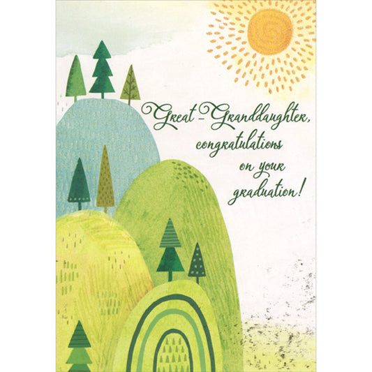Orange Glitter Sun Over Rounded Blue and Green Hills Graduation Congratulations Card for Great-Granddaughter