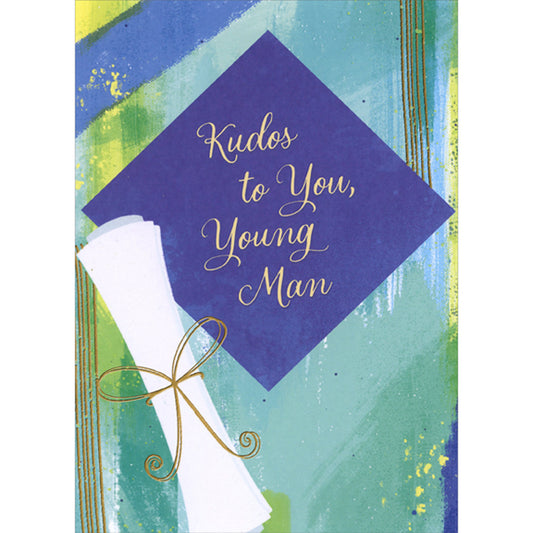 Blue Diamond and Diploma on Blue and Green Graduation Congratulations Card