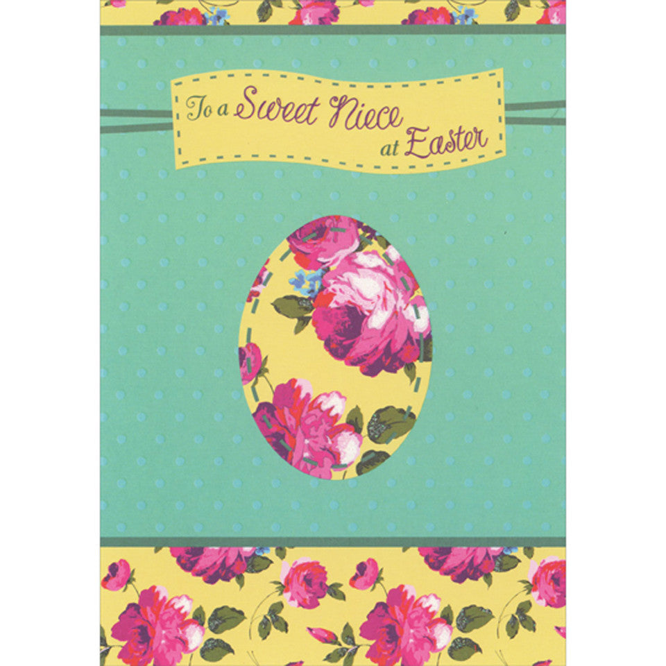 Floral Decorated Yellow Egg on Polka Dotted Green Background Easter Card for Niece
