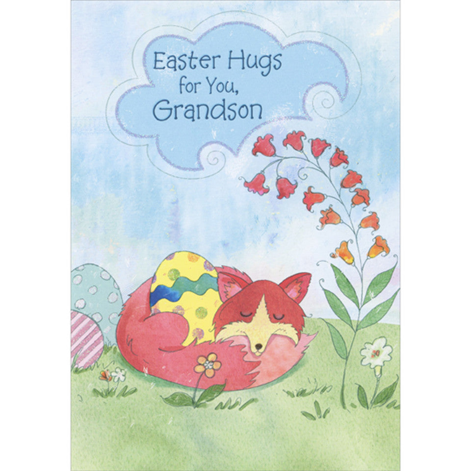 Easter Hugs: Sleeping Fox Wrapped Around Yellow Egg Juvenile Easter Card for Grandson