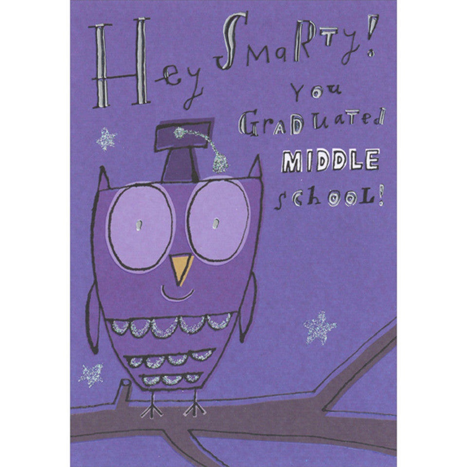 Hey Smarty: Purple Owl on Branch Wearing Grad Cap Middle School Graduation Congratulations Card