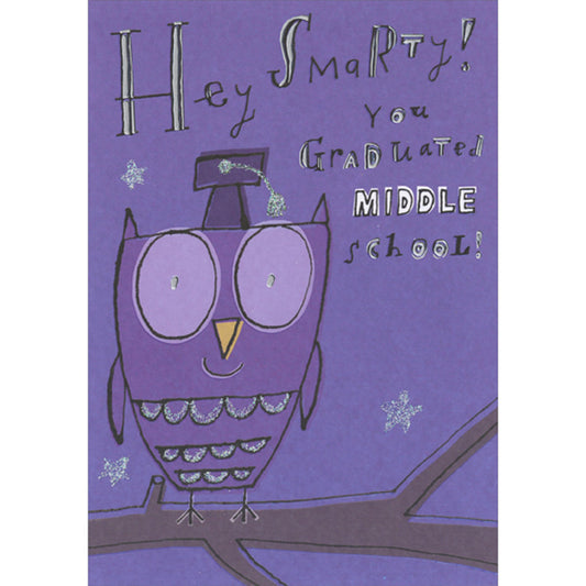 Hey Smarty: Purple Owl on Branch Wearing Grad Cap Middle School Graduation Congratulations Card