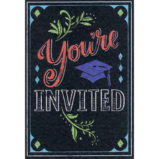 You're Invited: Blue Cap and Blue Diamonds on Black Package of 8 Graduation Party Invitations
