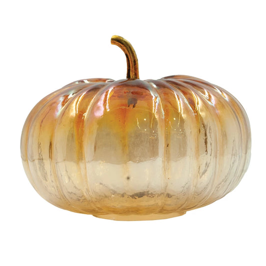 Glass Pumpkin with Brass Stem, Iridescent Finish, Amber Color