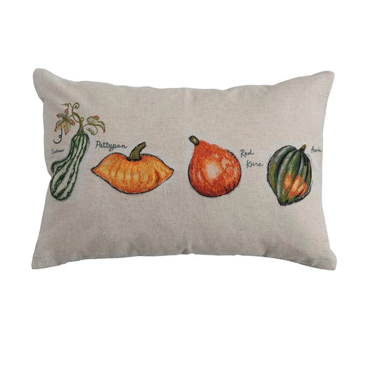 Printed Lumbar Pillow with Squash, Embroidery & Corduroy Back