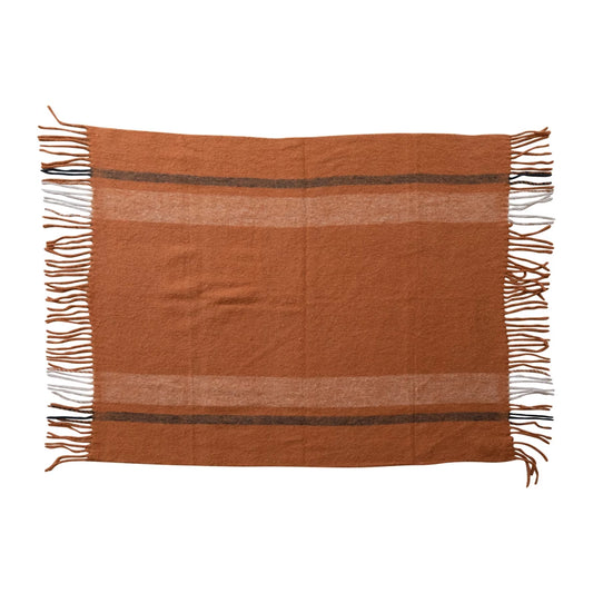 Brushed Acrylic & New Zealand Wool Throw with Stripes & Fringe