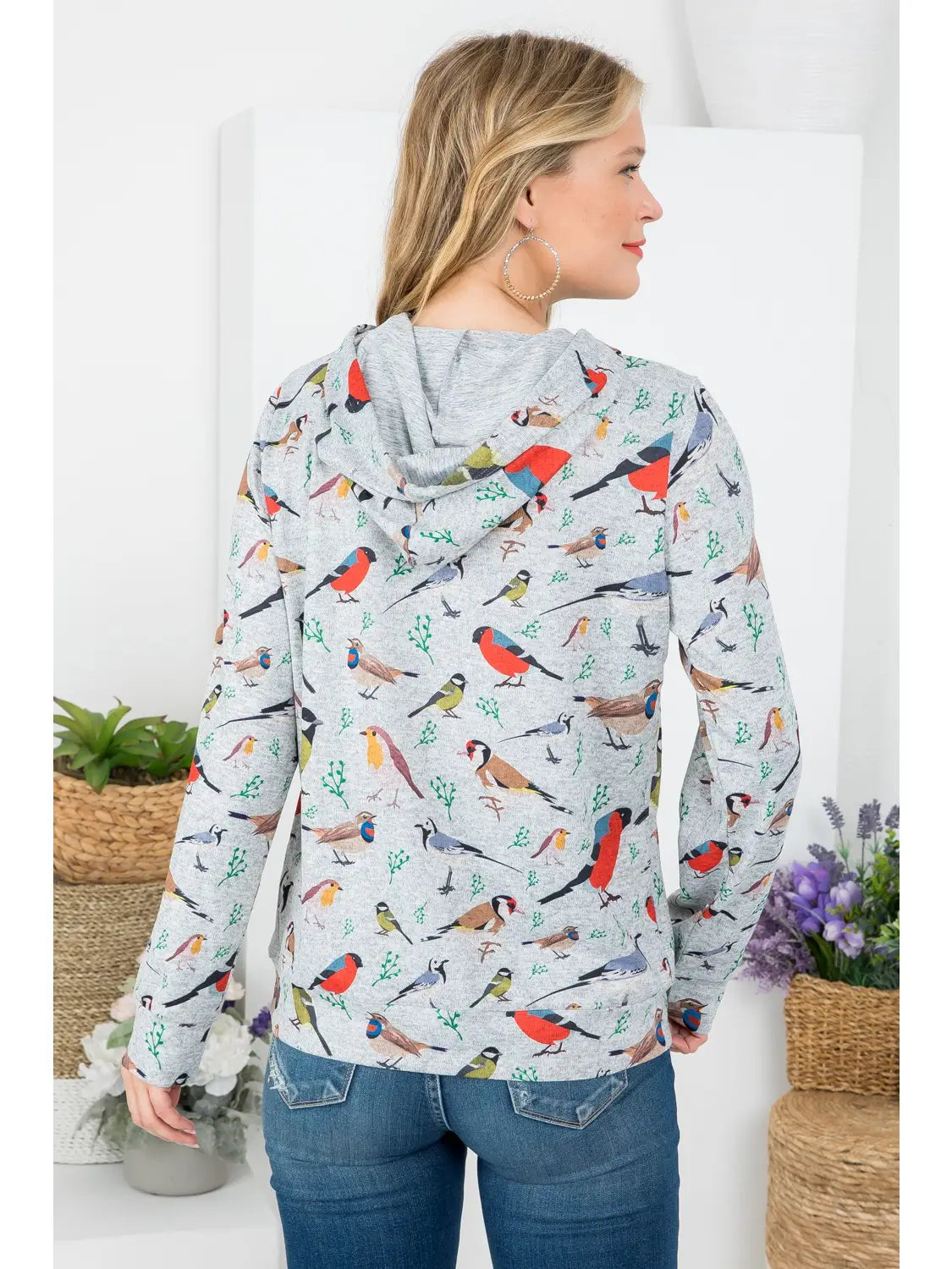Bird Print Hoodie with Pocket