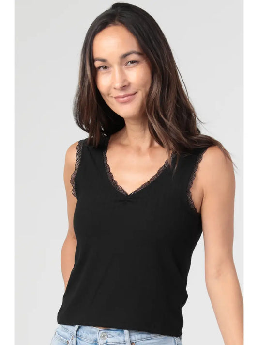 Rib Knit Cinch Bust Lace Trim Tank Top