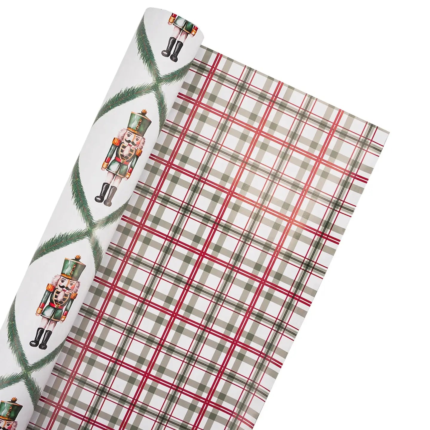 30" X 10' Reversible Holiday Wrapping Paper | Norfolk Pine Nutcracker/Small Red and Green Plaid