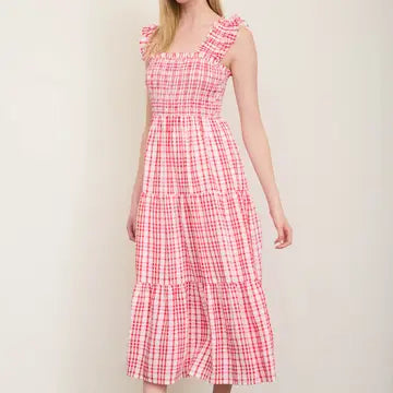 Plaid Smocked Ruffle Strap Tiered Midi Dress