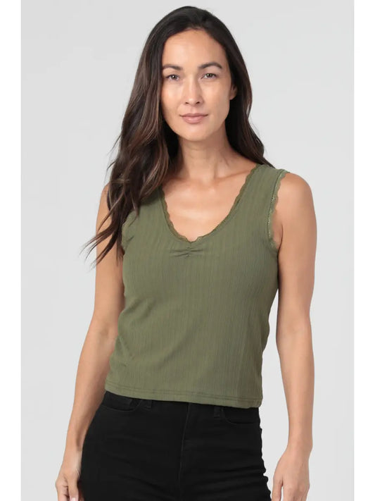 Rib Knit Cinch Bust Lace Trim Tank Top