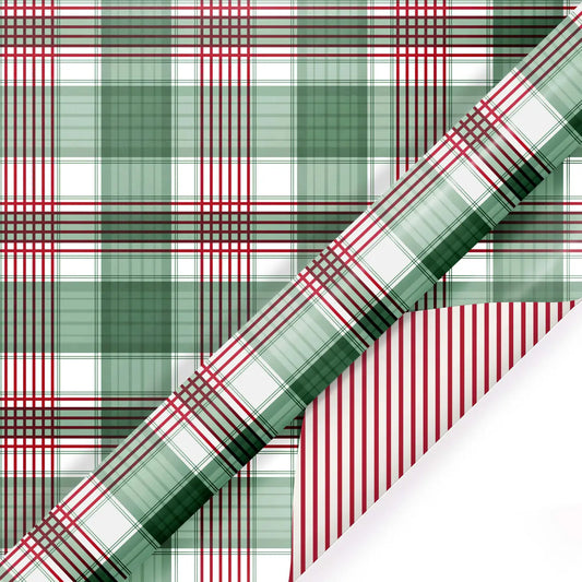 30" X 10' Reversible Holiday Wrapping Paper | Large Red and Green Plaid/Red and White Stripe