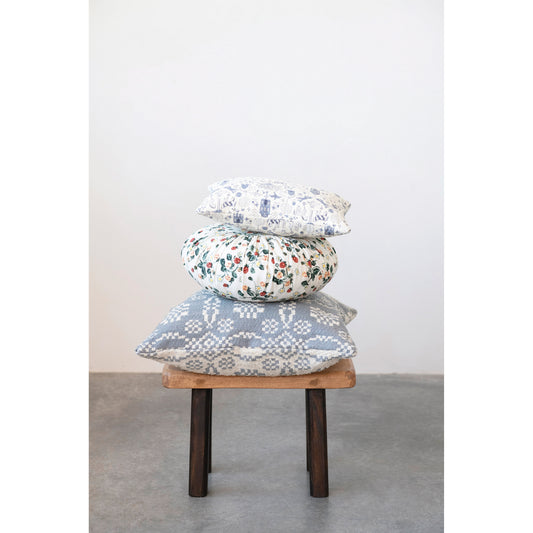 16" Cotton Pleated Pillow with Floral Pattern