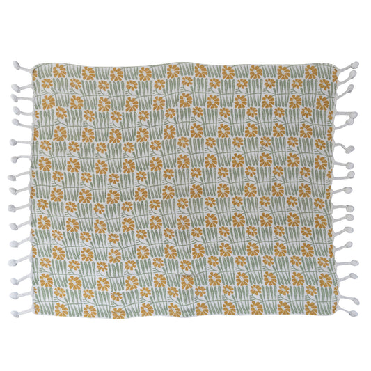 Cotton Blend Printed Throw w/ Flowers & Braided Pom Pom Tassels