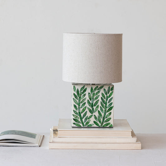 MDF & Mother of Pearl Table Lamp w/ Botanical Pattern, Linen Shade