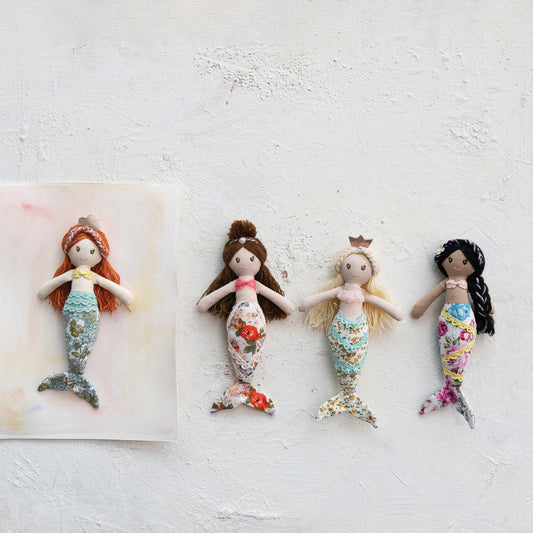 Fabric Mermaid Doll w/ Floral Pattern Tail, 4 Styles