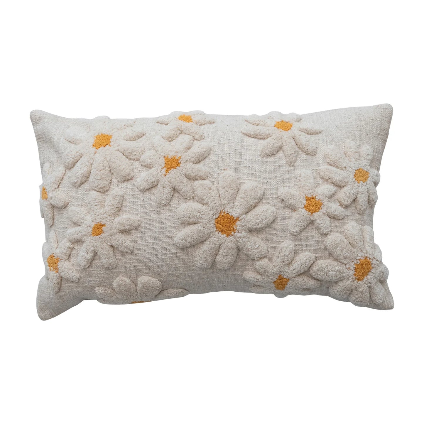 Cotton Lumbar Pillow with Tufted Flowers, Natural & Yellow