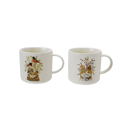 14 oz. Stoneware Mug with Cat & Flora/Fauna, 2 Styles