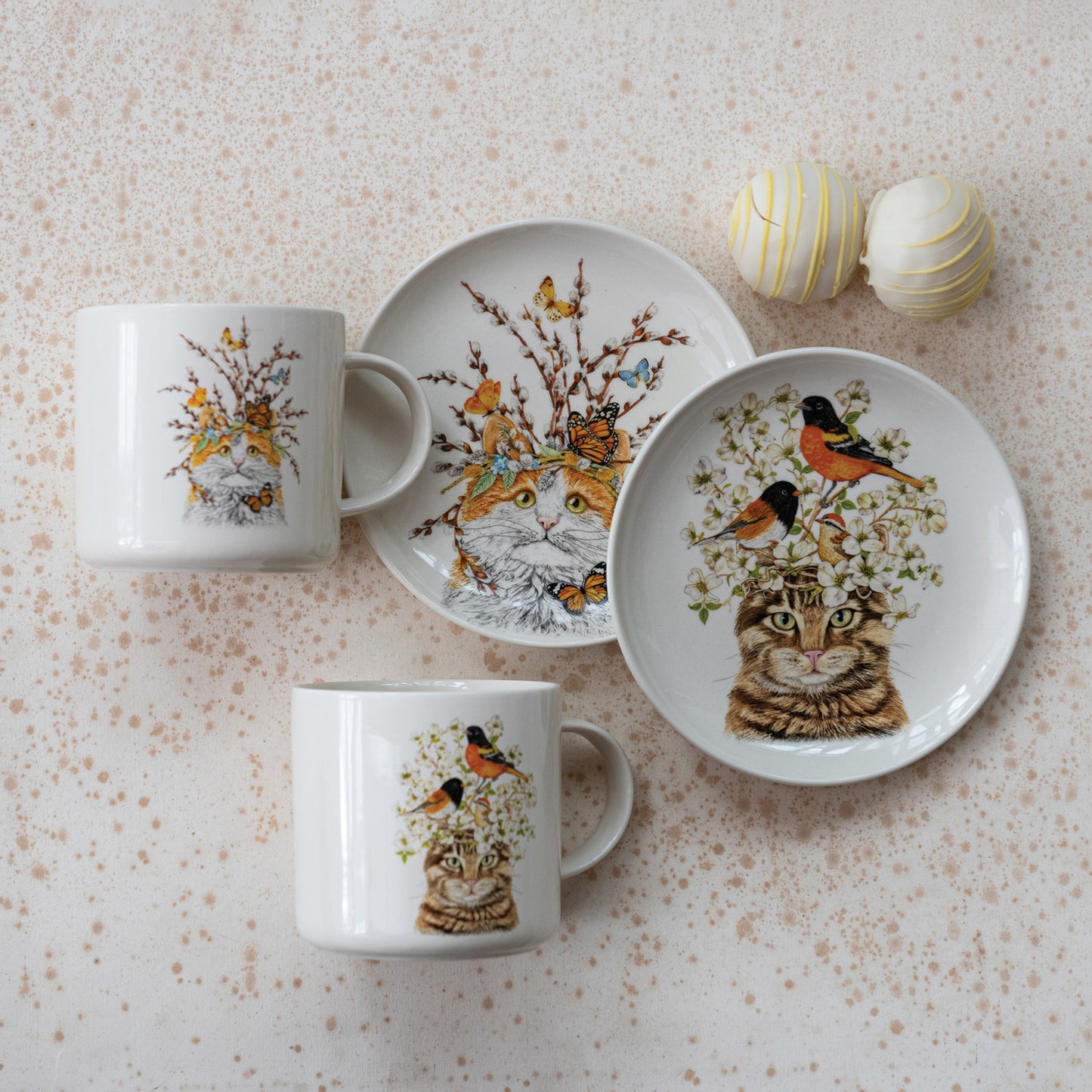14 oz. Stoneware Mug with Cat & Flora/Fauna, 2 Styles