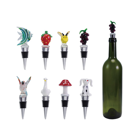 Zinc Alloy Bottle Stopper with Hand-Blown Glass Figure, 8 Styles