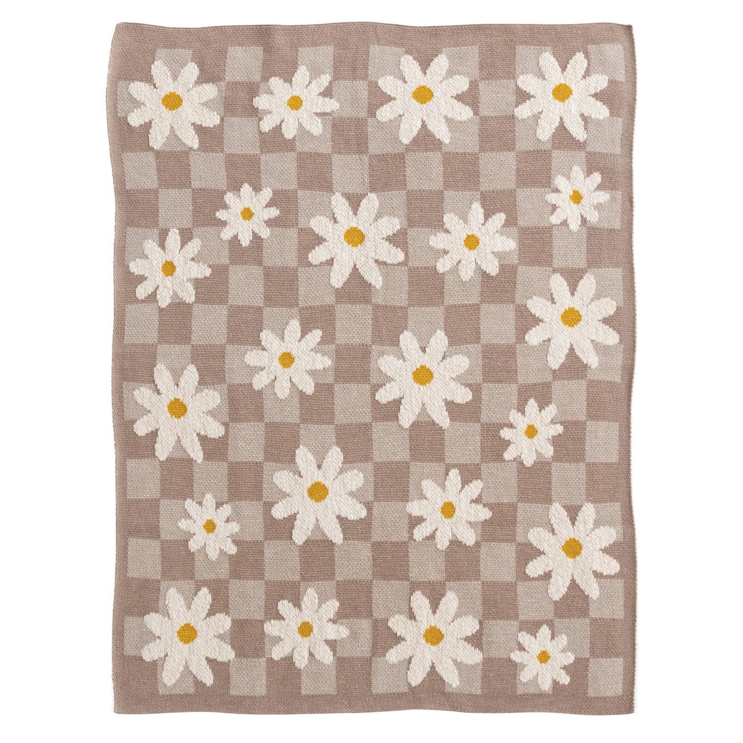 Cotton Knit Baby Blanket w/ Daisies & Check Pattern