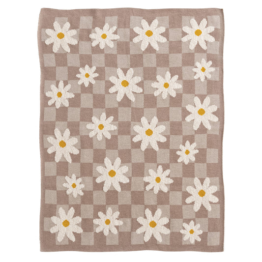 Cotton Knit Baby Blanket w/ Daisies & Check Pattern