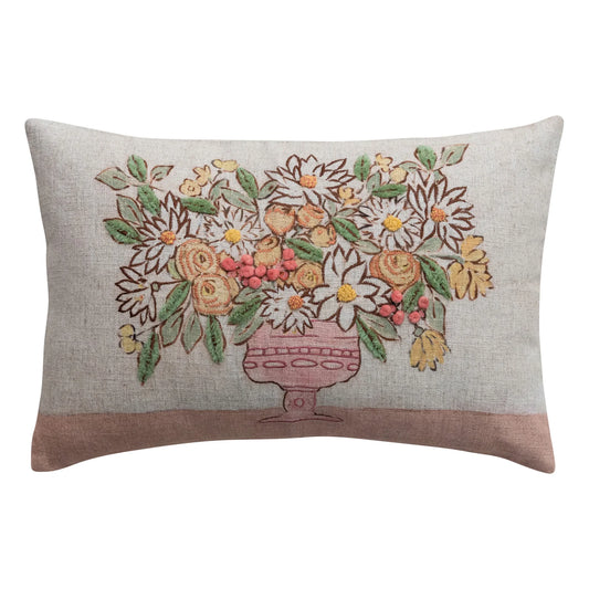Linen Blend Printed Pillow with Flowers in Vase,