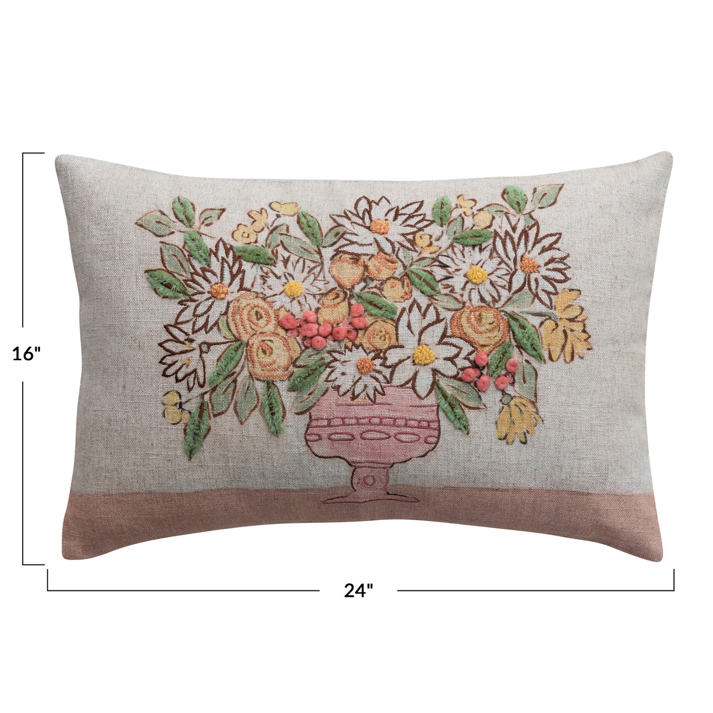 Linen Blend Printed Pillow with Flowers in Vase,