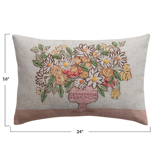 Linen Blend Printed Pillow with Flowers in Vase,