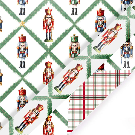 30" X 10' Reversible Holiday Wrapping Paper | Norfolk Pine Nutcracker/Small Red and Green Plaid
