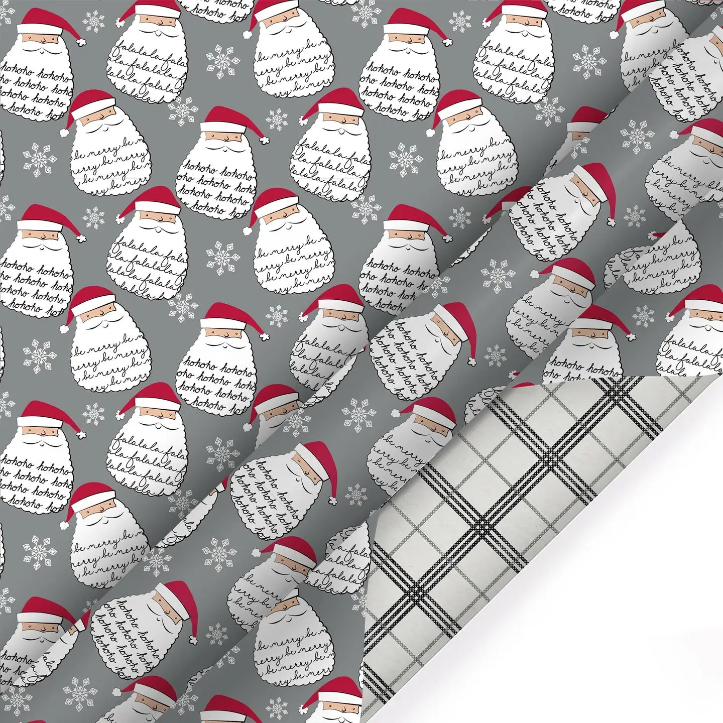 30" X 10' Holiday Reversible Wrapping Paper | Merry Santa Face/Black and White Plaid