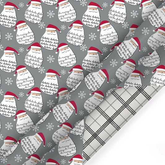 30" X 10' Holiday Reversible Wrapping Paper | Merry Santa Face/Black and White Plaid