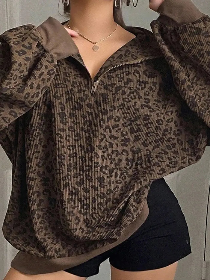 Retro Leopard Print Half Zip Loose Long Sleeve Sweatshirt